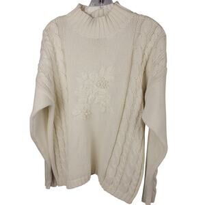 Eddie Bauer Cream Sweater Small Pullover Floral 3D Embroidery Cottagecore